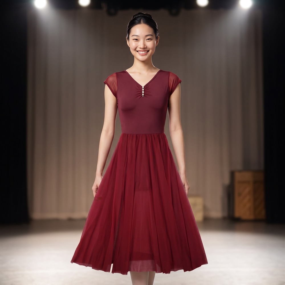 Ibtom Castle Lyrical Dance Dress Womens M Burgundy Mesh Performance Contemporary